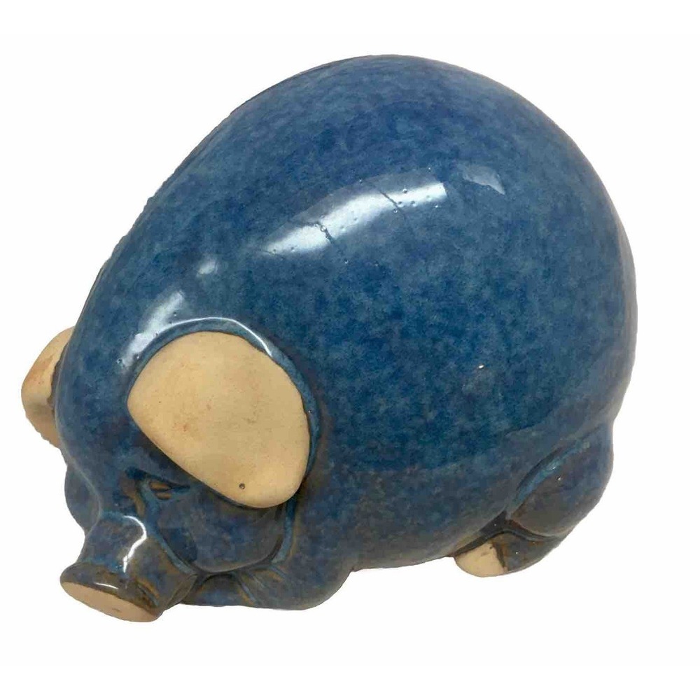 Vintage Art Pottery Ceramic Glazed Sleeping Chunky Pig Figurine‎ Blue and Tan